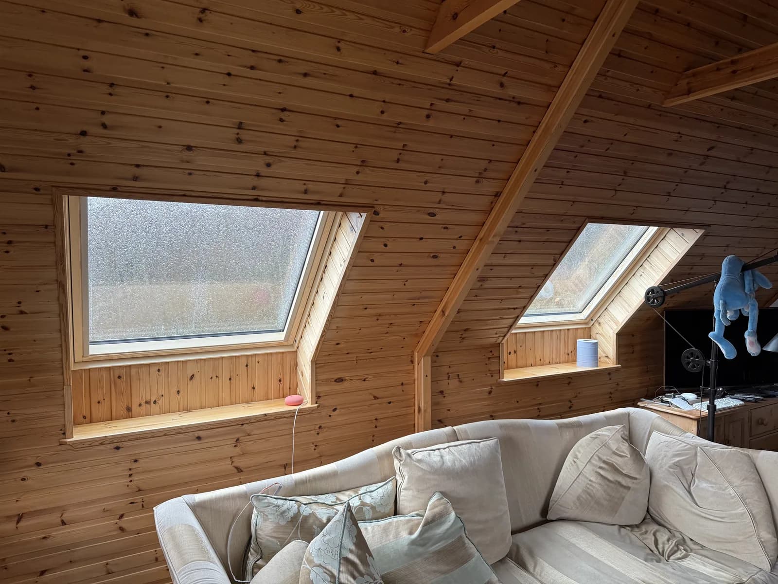 Loft room with a VELUX roof window and timber cladding